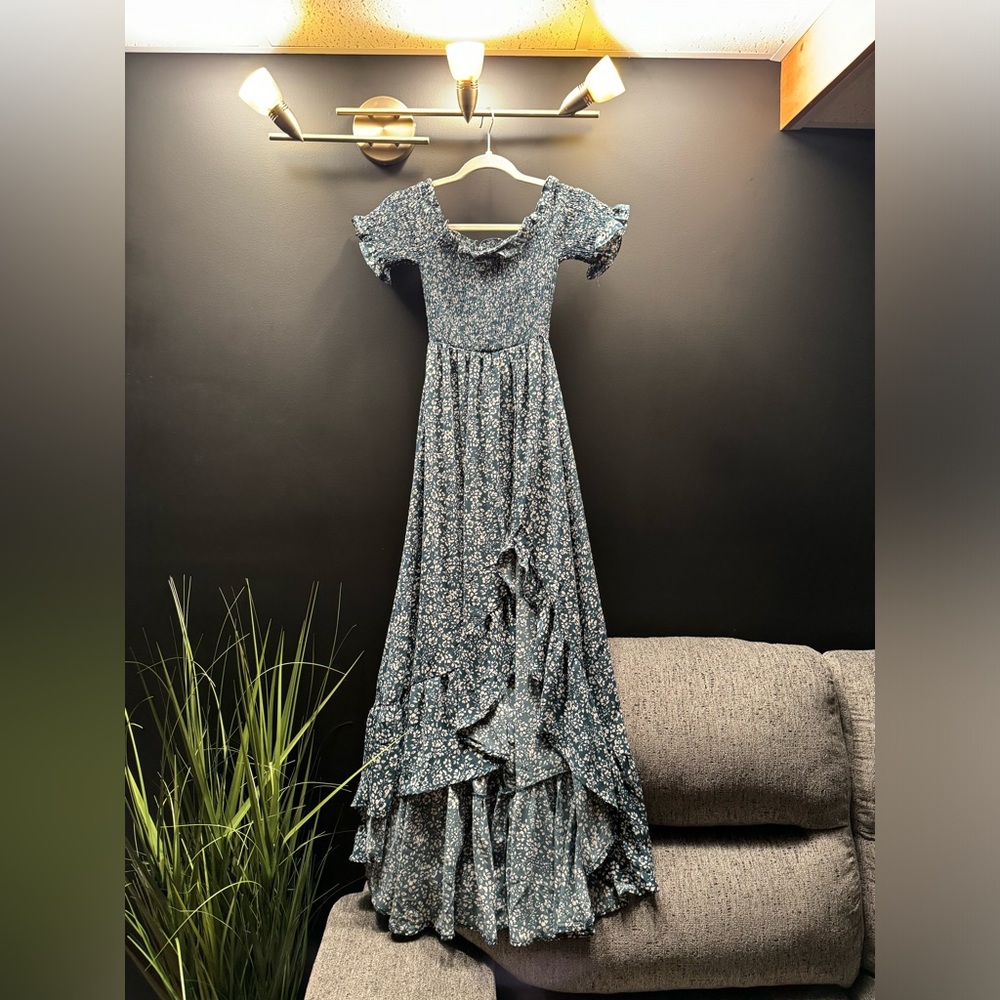 Deep greenish-blue off the shoulder summer dress